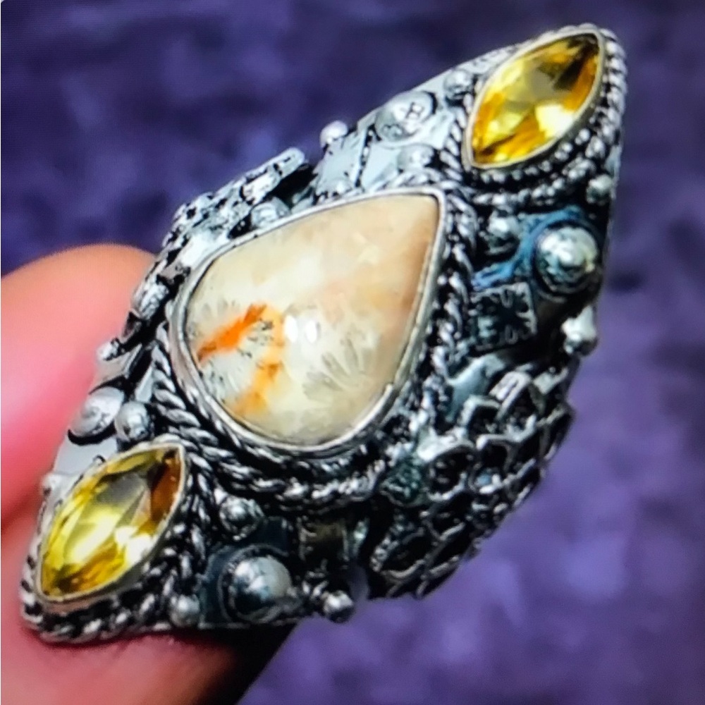 Citrine Fossil Coral 925 Sterling Silver Ring